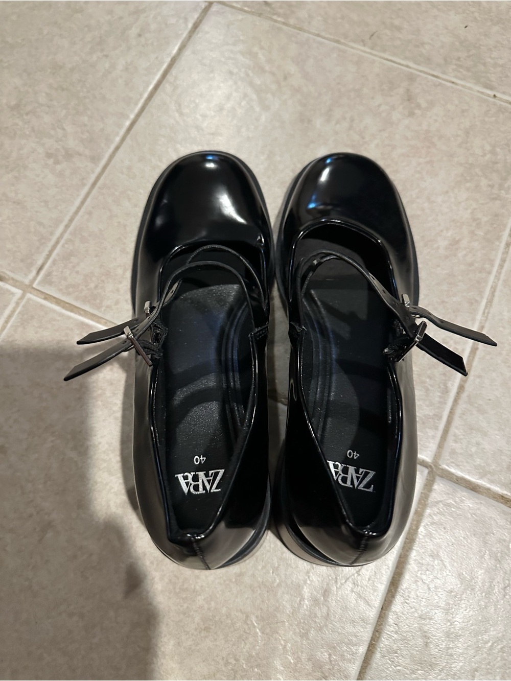 Zara Black Patent Mary Jane Flats with Double Straps
